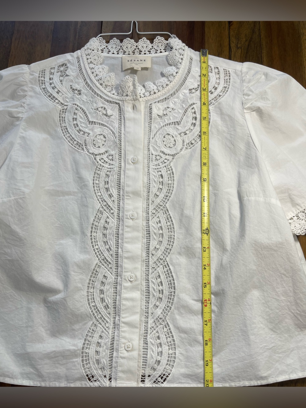Sézane Eponine White Lace-Trim button down short sleeve blouse - Picture 10 of 13